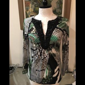 YASB Beaded long sleeve abstract print top Sz L